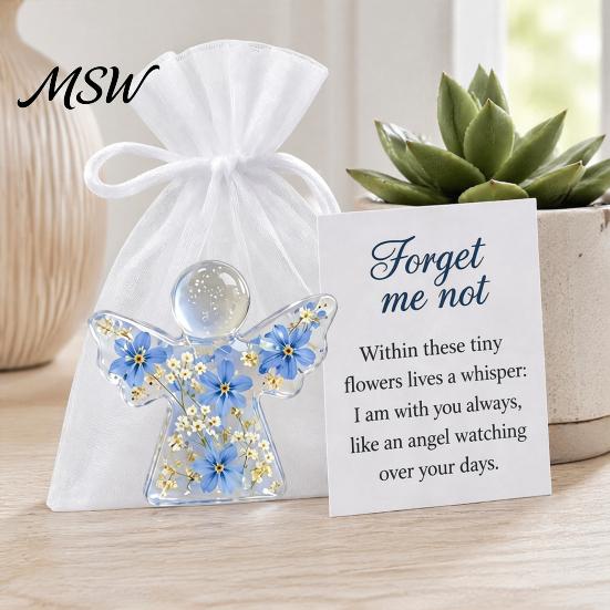 Regalo Angelo Custode tascabile, Ricordo Fiore Secco Non Ti Scordar Di Me, Mini Statuetta Tascabile in Acrilico Abbraccio, Ornamento Floreale Fatto a Mano, Conforto Memoriale