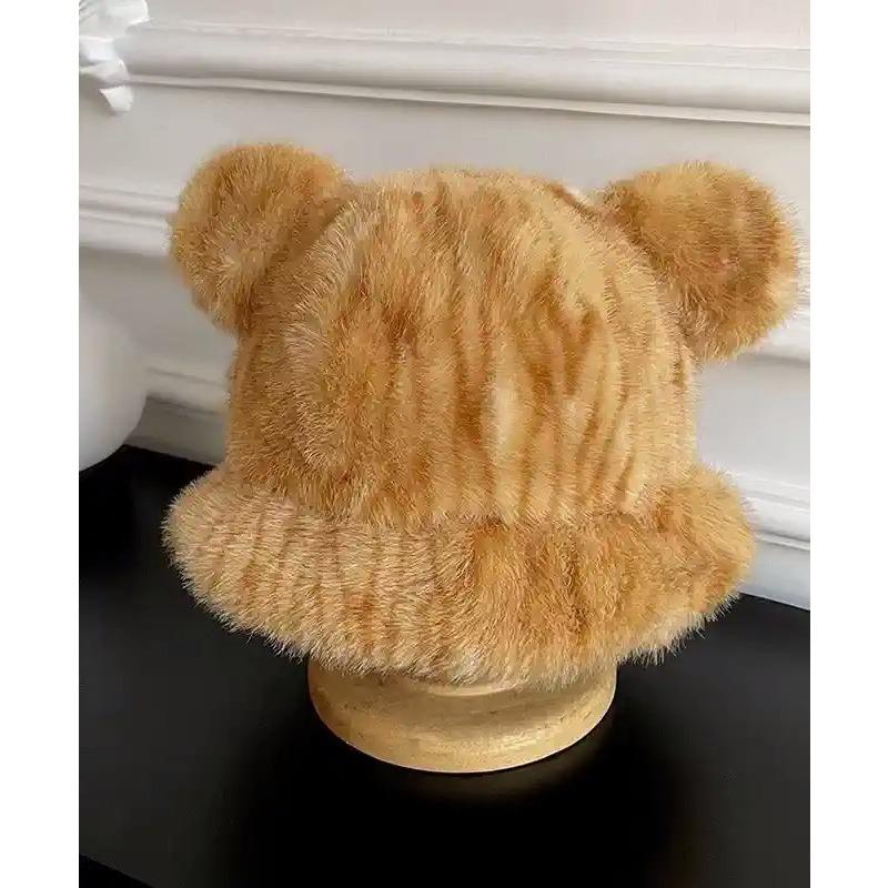 Korean New Scarf Hat Two Piece Set Cute Cartoon Leopard Plush Fisherman Hat Warm and Cold-proof Scarf