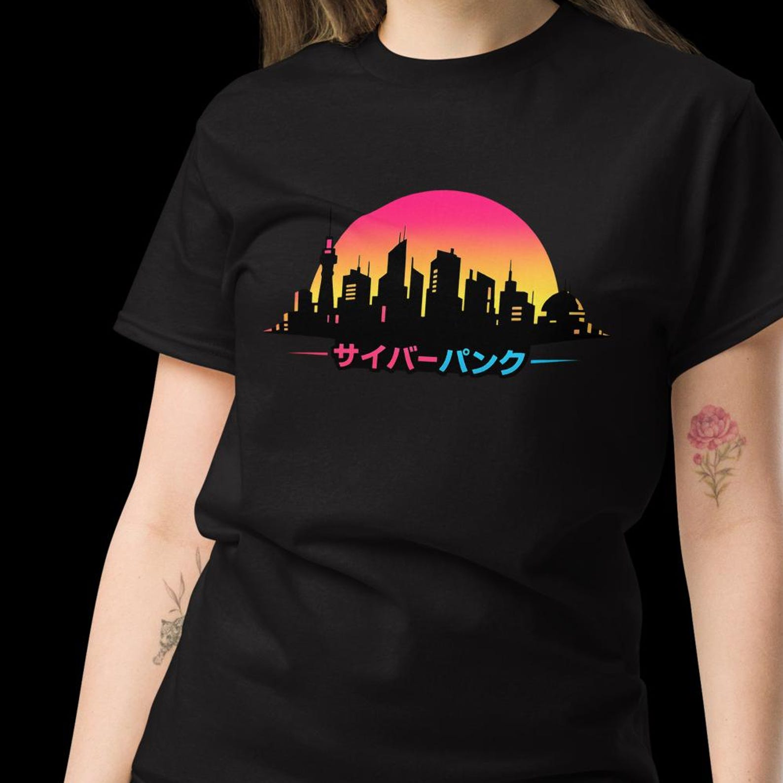 Cyberpunk City Skyline Shirt, Retro Futuristic Neon Sunset Tee, Japanese Synthwave Streetwear S