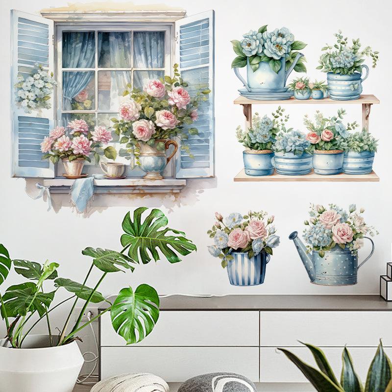 Cartoon Cat Flowers Potted Plants Wall Stickers Fake Windows Warm Bedside Bedroom Decorative Decal Stickers Wallpaper