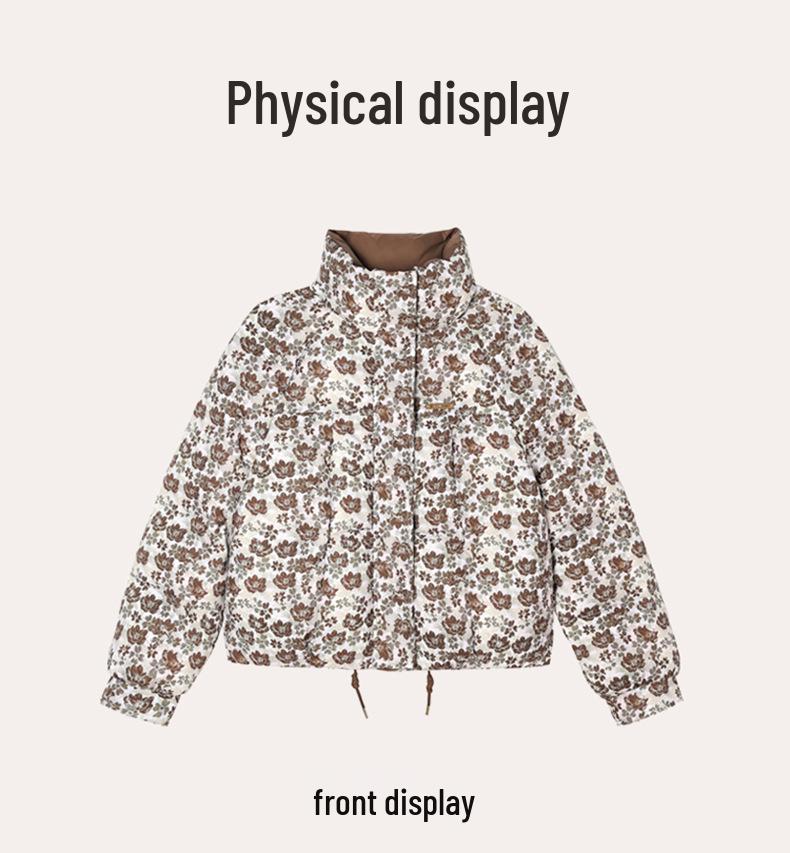 Women's Printed Cotton Padded Jacket, Stand Collar, Thickened Loose Fit, Short, Winter 2026, Small Floral Retro Style.