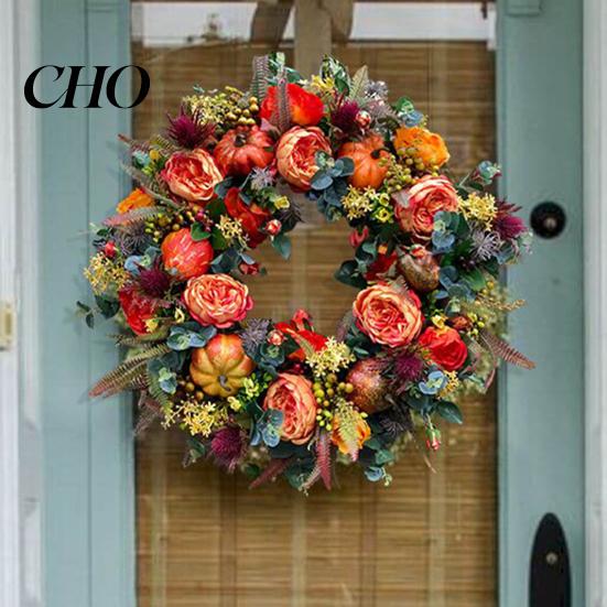 Hortensia Pioenroos Sling Herfst Pompoen Krans Kunsttak Vintage Bloemen Lente En Zomer Set Seizoensgebonden Deurhanger voor Thanksgiving Oogst Decoratie