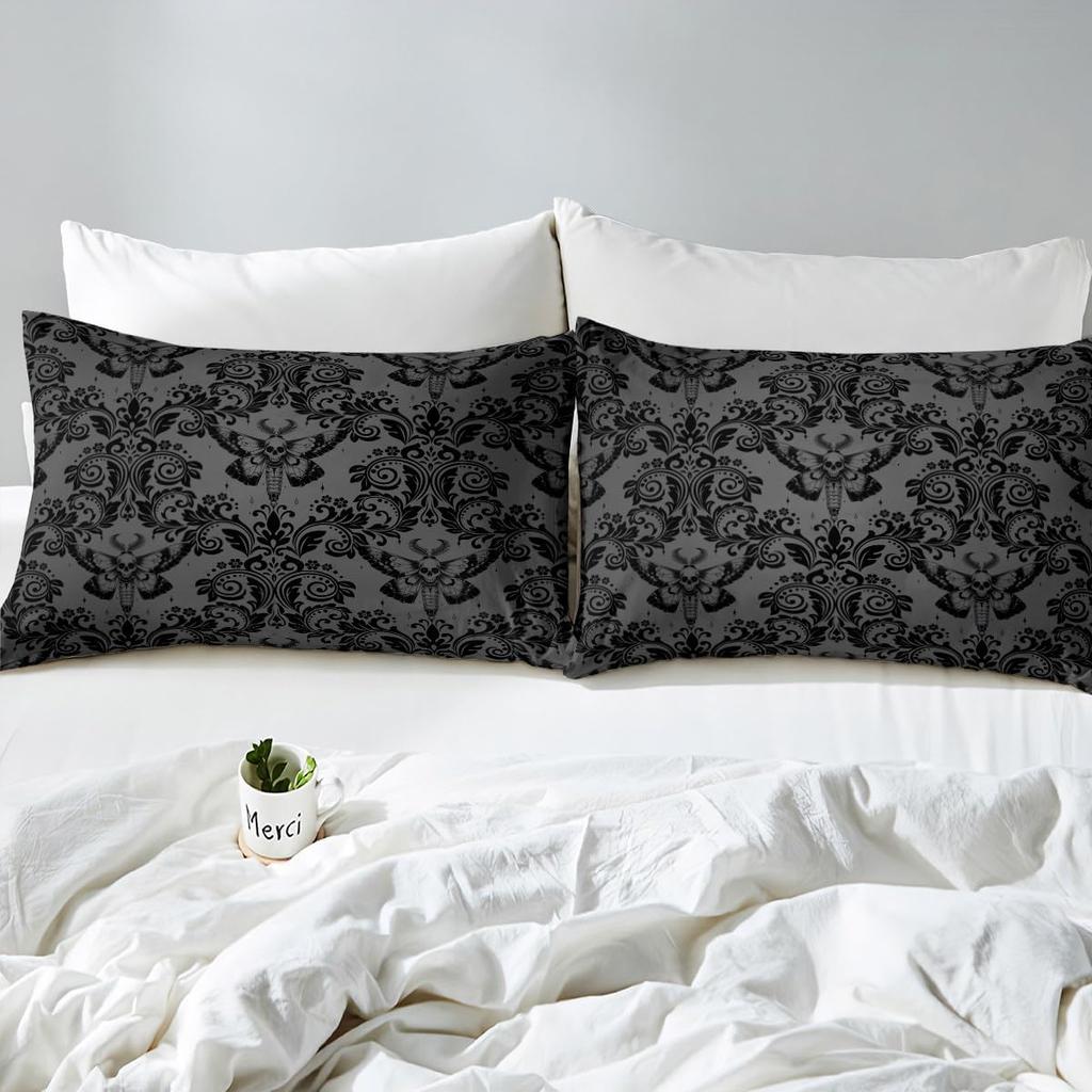 Adults Black Vintage Damask Floral Bedding Set King Size Gothic Bohemia Boho Flower Duvet Cover Gothic Skull Bedspread Cover