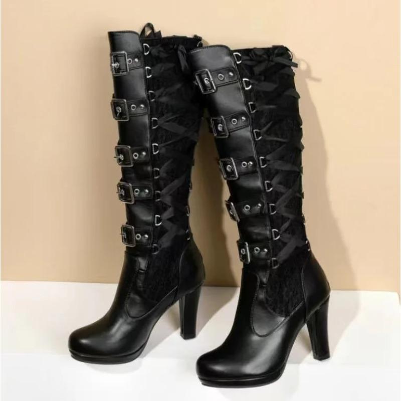 High Quality Punk Platform Boots for Women Fad Lace Up Chunky High Heel Mid Calf Boots Bow Knot Gothic Women's Boots Botas Mujer