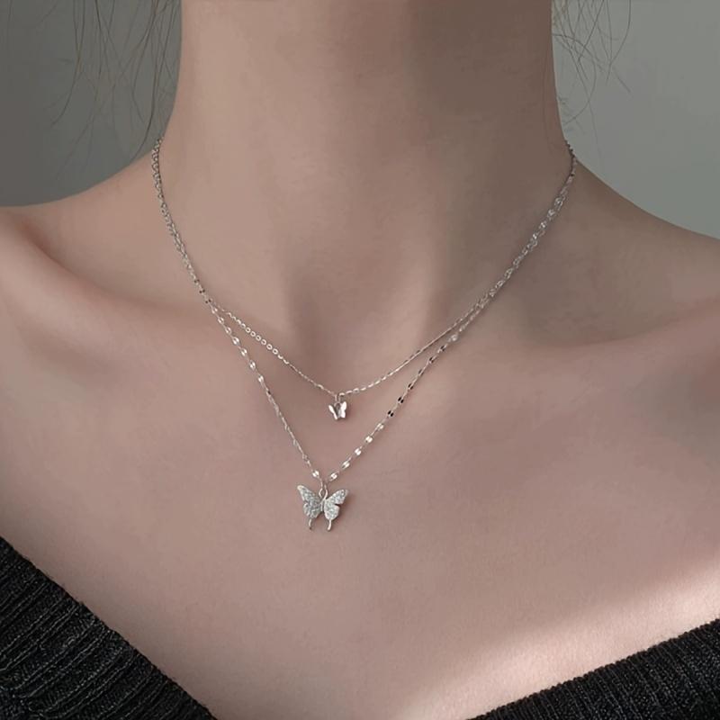 Double Layer Butterfly Necklace for Women - Elegant -Accented Chain Jewelry, Minimalist Lightweight Design for Everyday & Party Wear