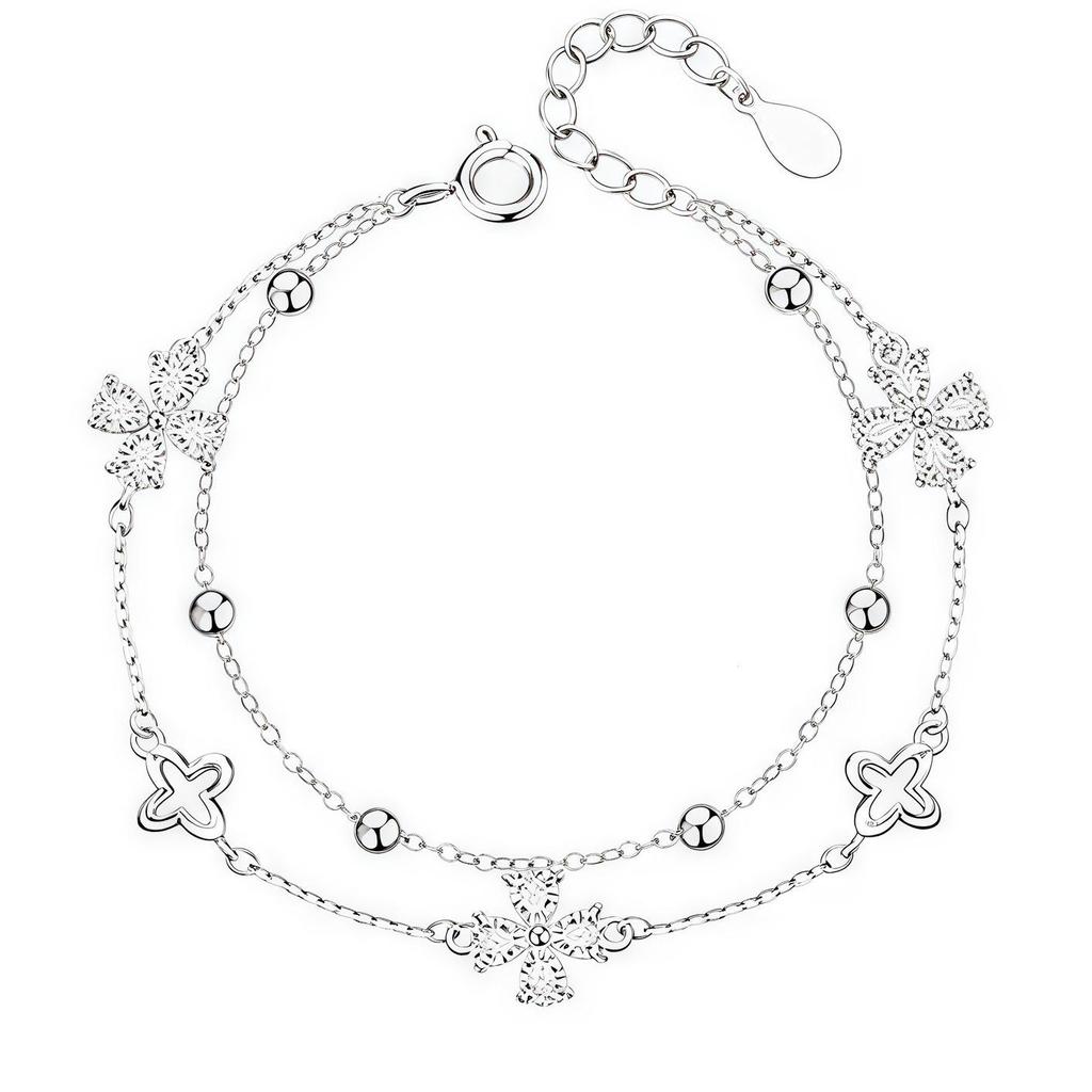Double-Layer Four-Leaf Clover Bracelet in 925 Silver-Plate – Light Luxury Gift for Women, Ideal for Valentine's or Birthdays