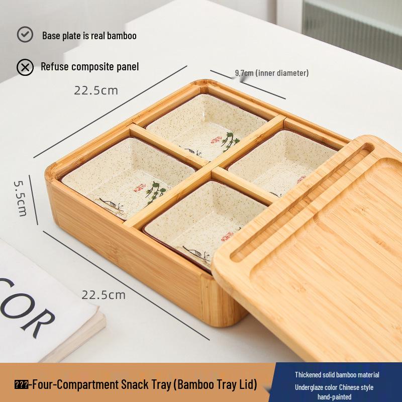 Japanese Bamboo & Wood Snack Box - 4-Compartment Plate for Pastries, Nuts, Seeds, & Dried Fruit