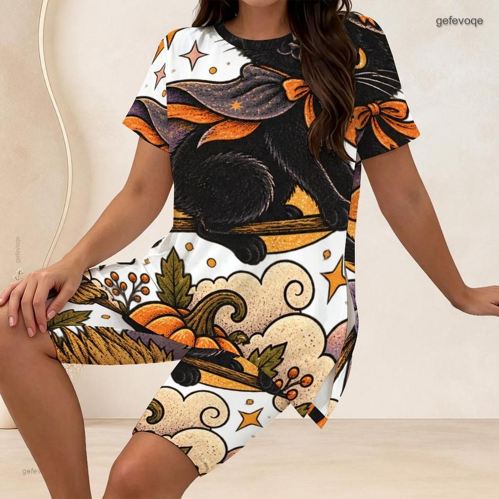 Women Plus Size Two Piece Set Crow Pumpkin Rose Print Round Neck Short Sleeve Split Top Knee Length Pants