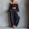 Spring Womens Off Shoulder Crop Top And Wide Leg Pants Set With Spliced Design For Casual Wear