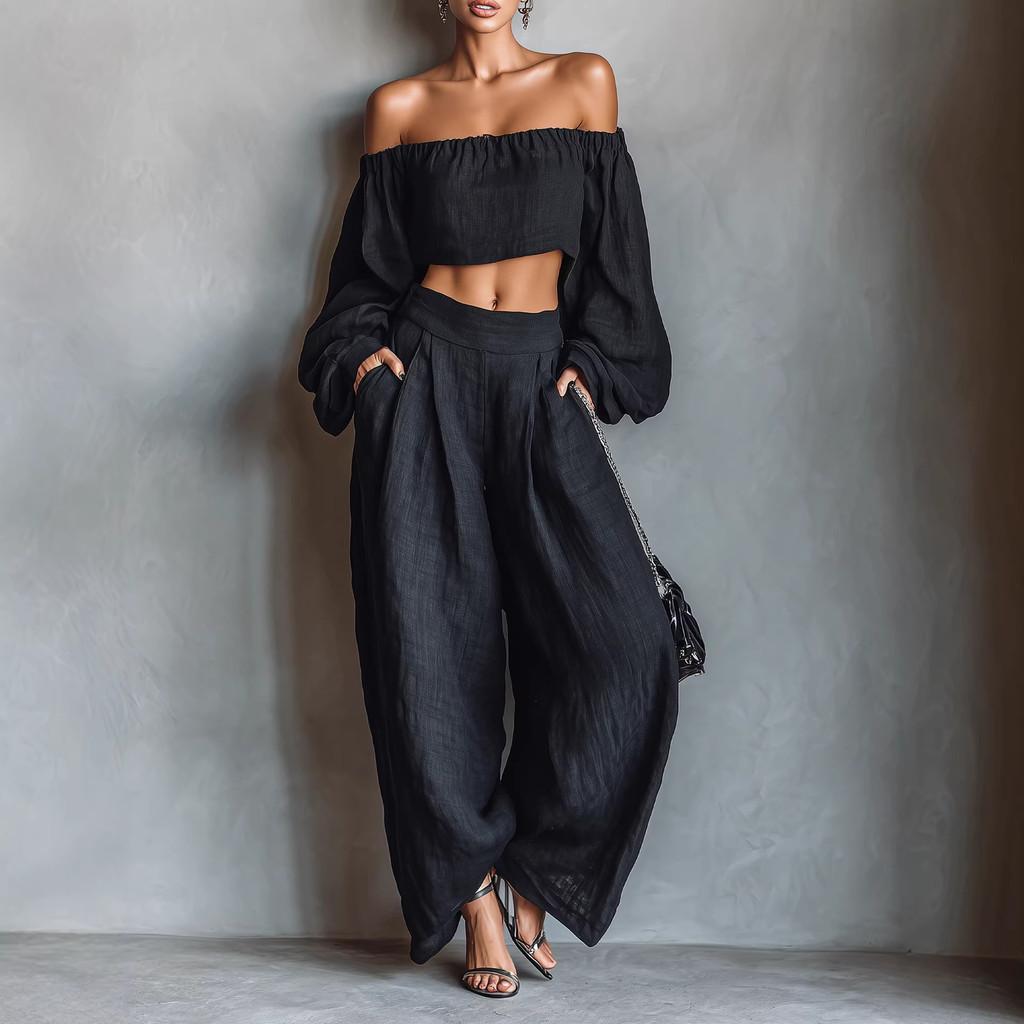 Spring Womens Off Shoulder Crop Top And Wide Leg Pants Set With Spliced Design For Casual Wear