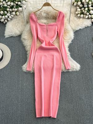 Autumn and Winter  Long Sleeved Diamond Studded Square Collar with Cinched Waist for Slimming Effect Medium To Long Version Knitted Dress for Women