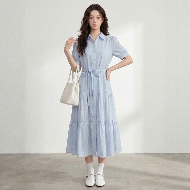 

Plus-Size Women s Clothing for Fat Girls, Korean Style Simple Style Lapel Tie Waist Dress 2026 Summer Elegant Slimming Long Dress Sky Blue L