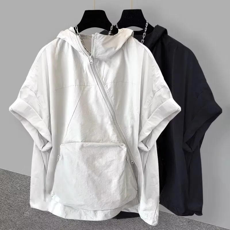 Zipper Design Hooded Short-sleeved T-shirt Summer Large Size Tooling Loose Jacket Jacket
