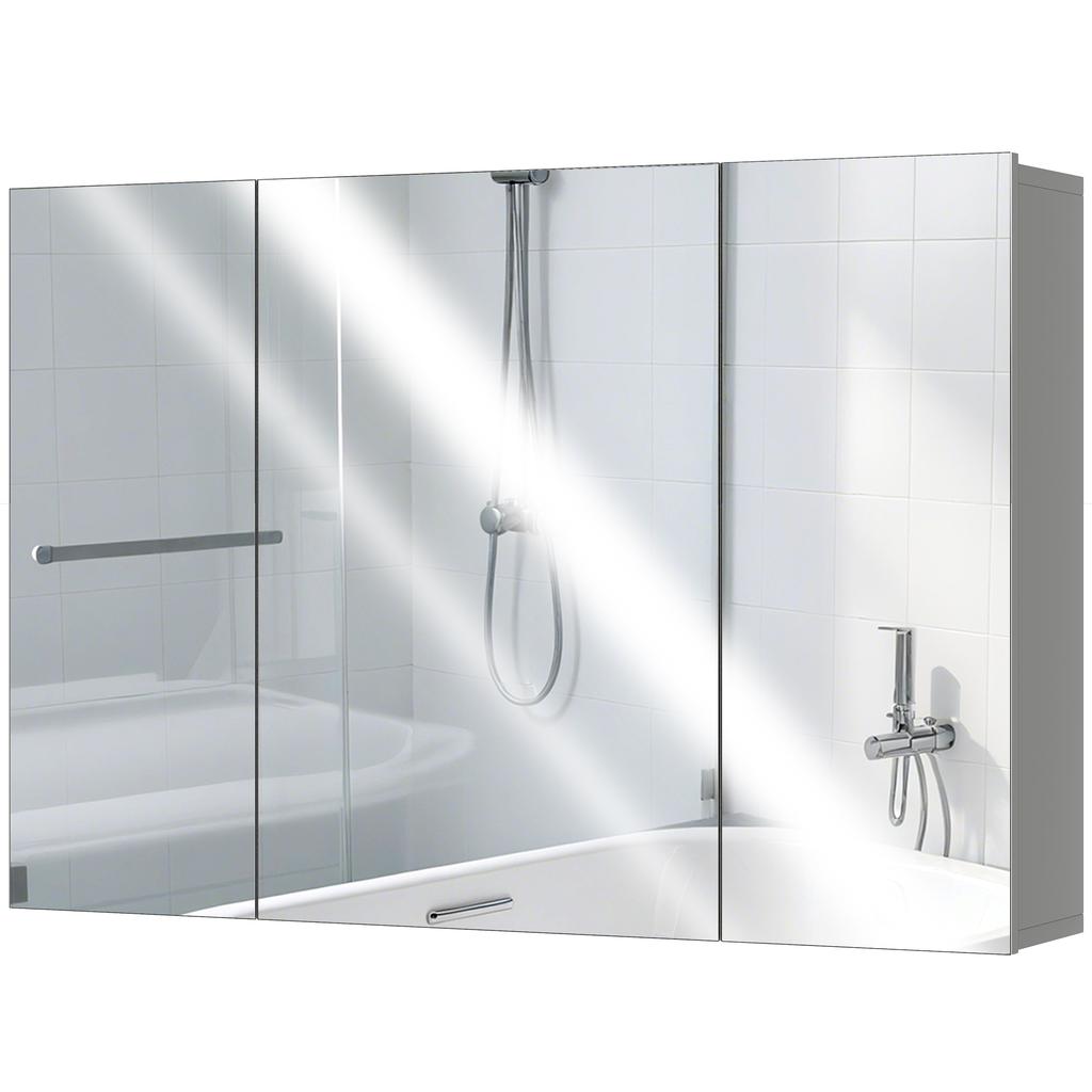 Bathroom Wall Cabinet, 3 Mirrored Doors, Adjustable Shelves, MDF, 90 x 15 x 60 cm, Grey