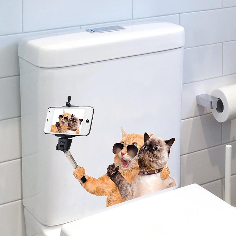 Hipster Cat Selfie Toilet Stickers Funny Bathroom Waterproof Decals, Self-Adhesive Cool Cat Wall Art for Bathroom Decor