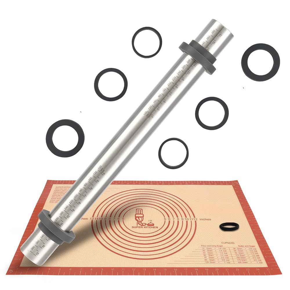 Stainless steel rolling pin for bread making, adjustable thickness, baking and confectionery tool