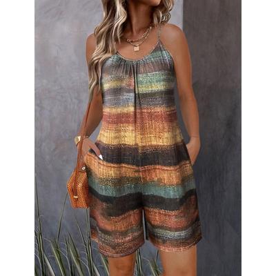 Womens Summer Loose Round Neck Spaghetti Strap Short Jumpsuit Rompers Jumpsuits with Pockets  Jumpsuits Stretchy Neck Short Jumpsuits