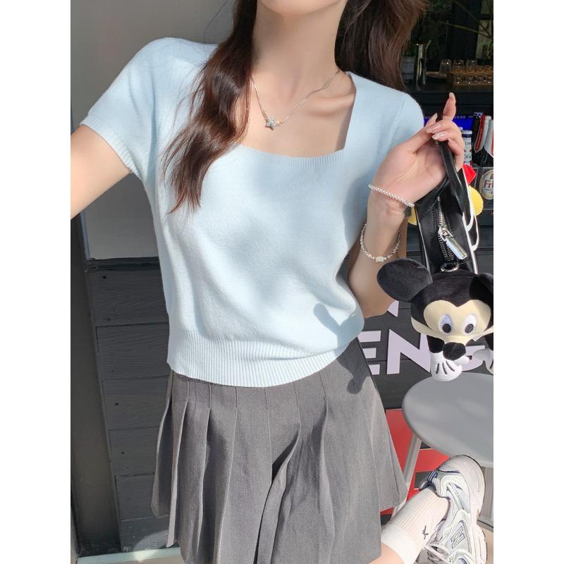 

Трикотажная футболка с коротким рукавом, женская летняя новая тонкая винтажная облегающая футболка с квадратным воротником, элегантная однотонная простая женская футболка, одежда 3110 One Size синий