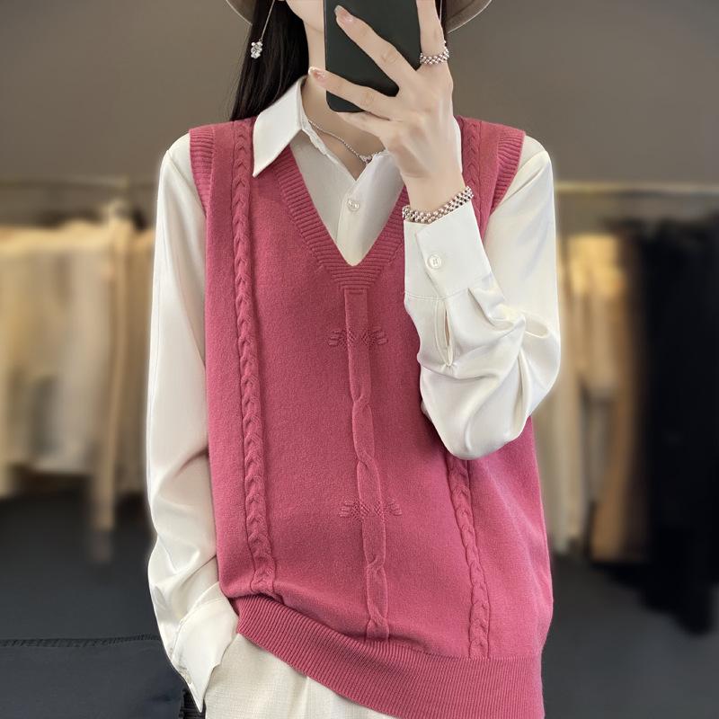 

Осенне-зимний вязаный жилет с цветочным узором для женщин, свободный свитер без рукавов с V-образным вырезом в студенческом стиле 2XL малиновый