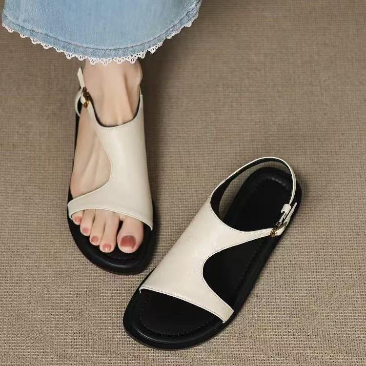 2025 Summer New Flat-soled Fashion Shoes Cowhide Sandals Open-toed Simple Soft-soled Commuter Sandals Korean Version Women's Shoes