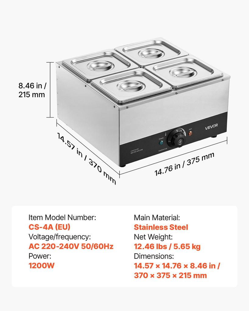 VEVOR Chocolate Melting Machine, 4 Tanks 8.2 Kg Choc Commercial Melter, 1200W High Power, Water Bath Heating System, Stainless Steel Body