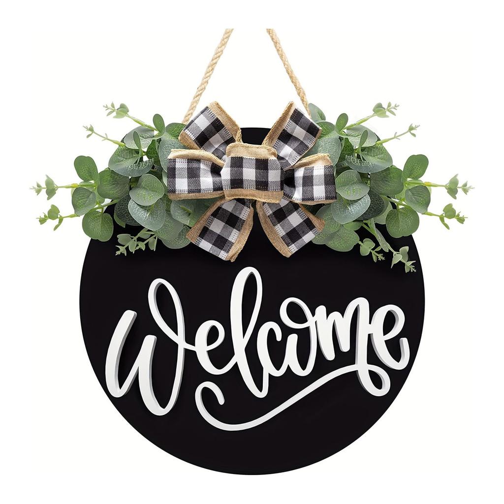 Welcome Door Sign Black Color Wreath Round Shape Hanging Welcome Doorplate for Home