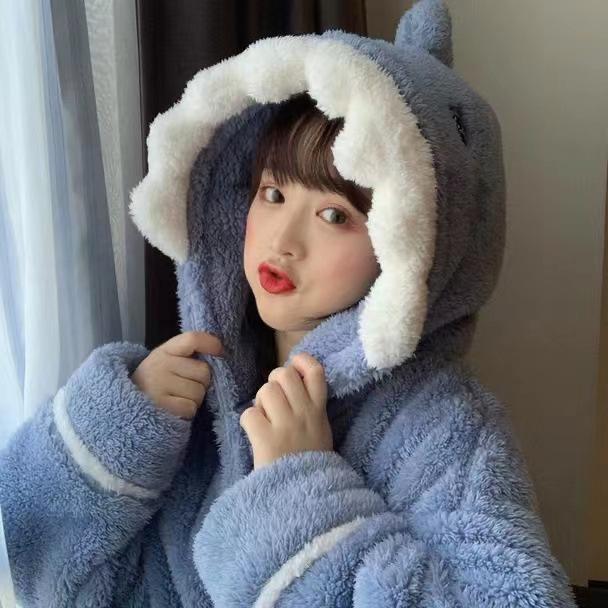 Women's Cute Shark Hooded Pajamas: Thickened Coral Fleece for Warmth, Perfect for Winter Lounging and Outdoor Wear.