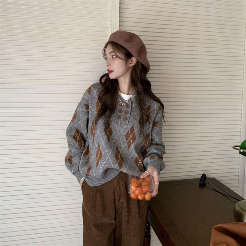 Polo Collar Diamond Plaid Pullover Sweater Loose Autumn and Winter 2022 New Popular Vintage Versatile Knit Sweater Female Top