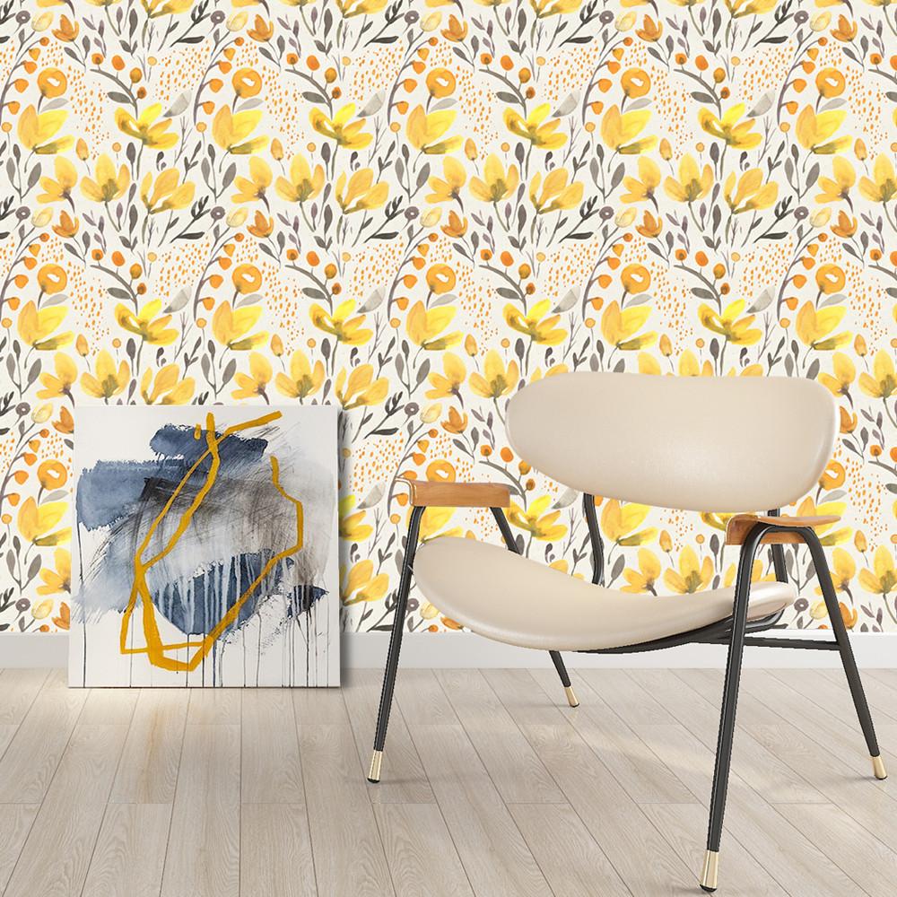 Żółta Świeża Kwiatowa Samoprzylepna Tapeta Winylowa Peel and Stick Ręcznie Malowany Akwarelowy Wzór do Salonu Dekoracja Domu