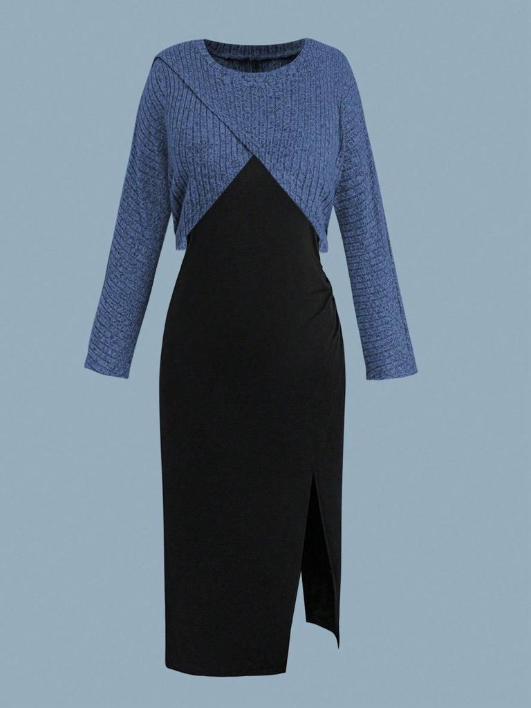 Plus Size Women's Knit Cardigan & Split Camisole Dress Set - Korean Style Autumn/Winter