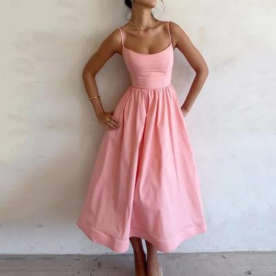 Rochie Elegantă de Vară Nouă pentru Femei cu Gât pe Gât, Rochie A-Line Culoare Uni cu Talie Înaltă