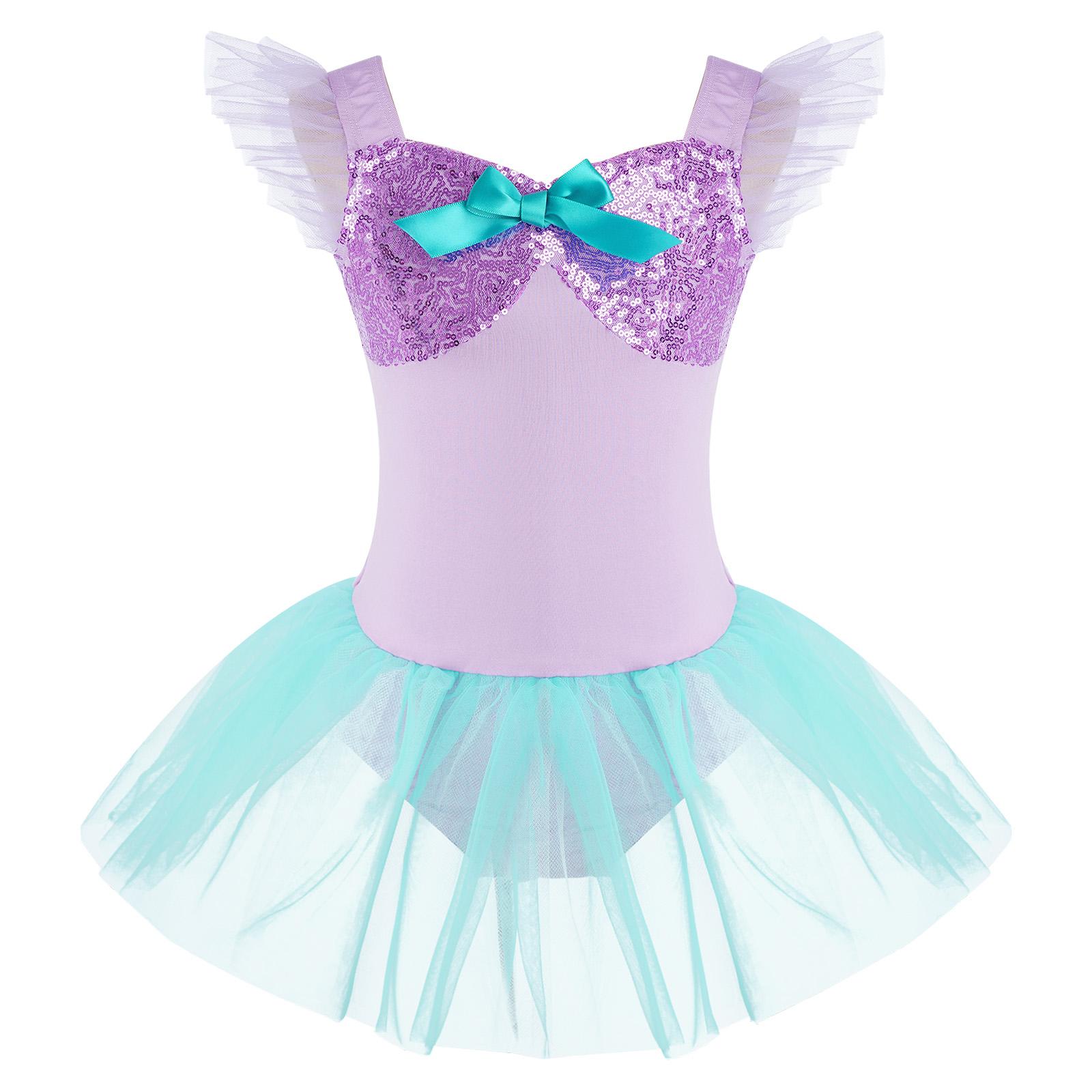 Kids Girls Ruffled Sleeves Sequin Tulle Dress Ballet Dance Tutu Princess Fancy Party Dress Childs Stage Performance Costume 100 фиолетовый