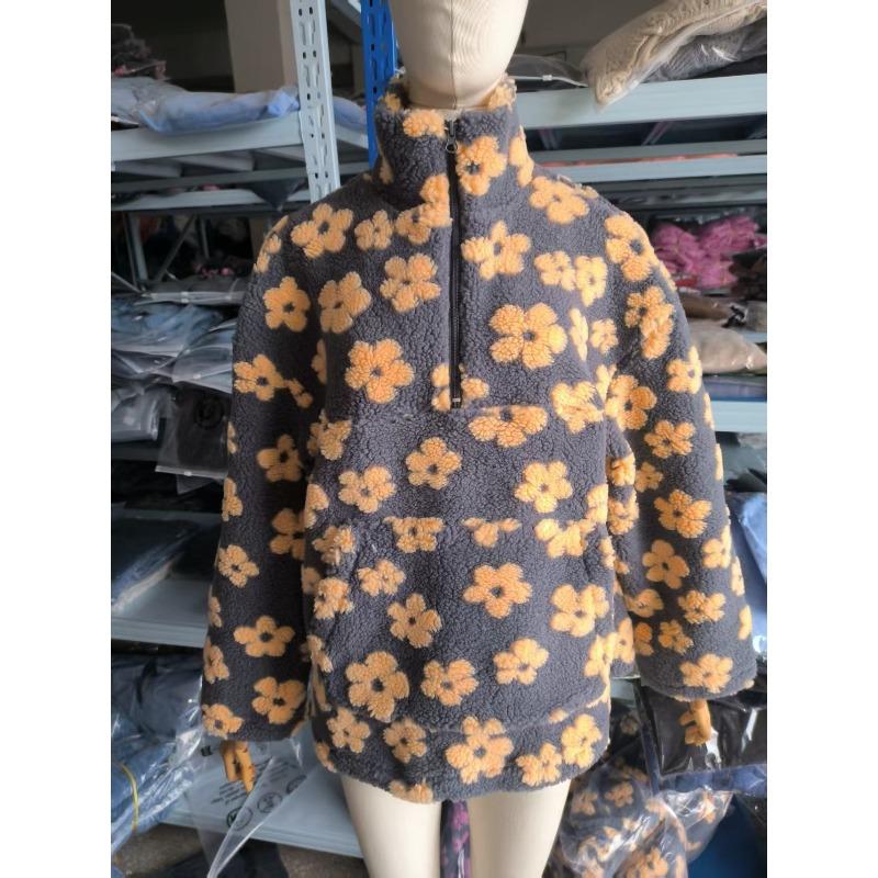Autumn Winter Women's Sherpa Floral Pullover Hoodies Half Zip Style Loose Fit Warm Stylish Sweatshirt