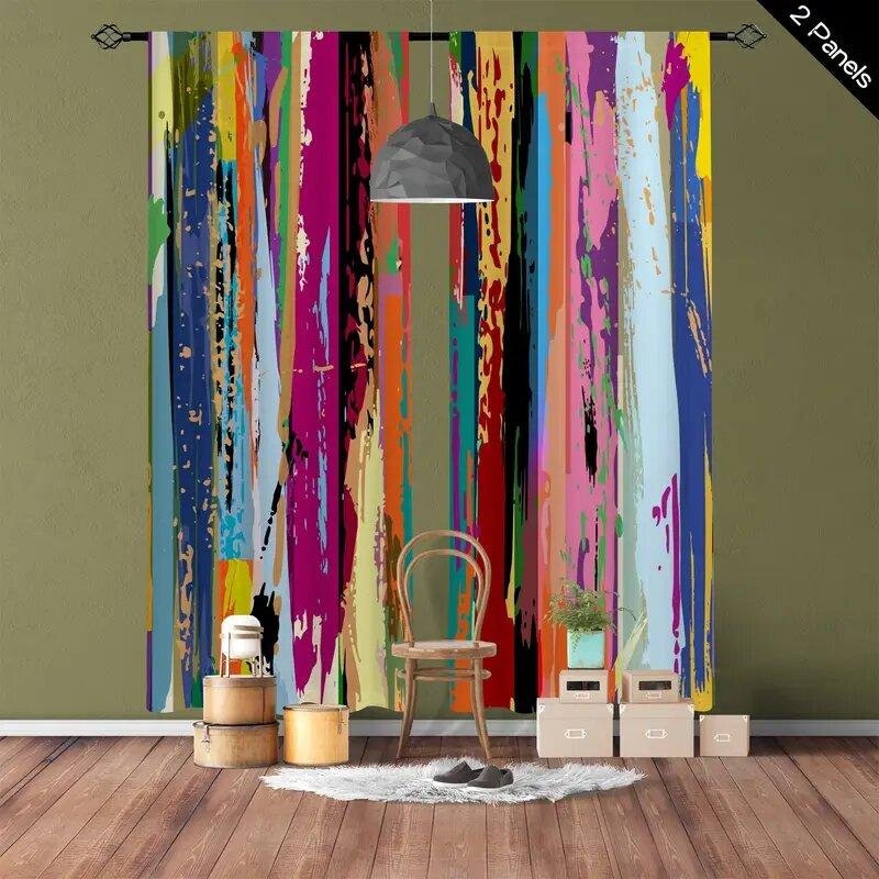 2pcs -A beautiful multi-color combination print curtains, pole bag curtains, home decoration, room decoration