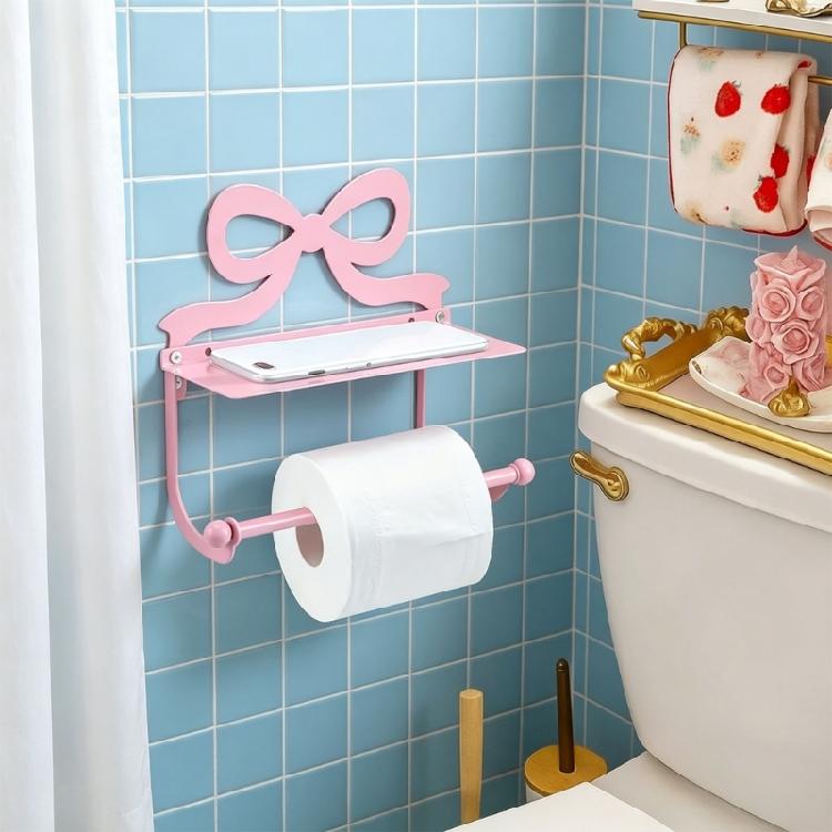 Pink Bows Decorated Metal Bathroom Tissue Holder Wall Mounted Toilet Paper Holder Bathroom Tissue Rack