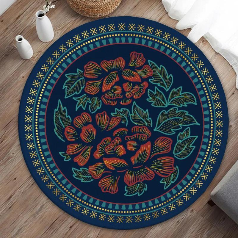 Artistic Modern Colorful Floral Round Rug – Daisy  Rose Nature-Inspired Mat for Living Room, Bedroom  Office