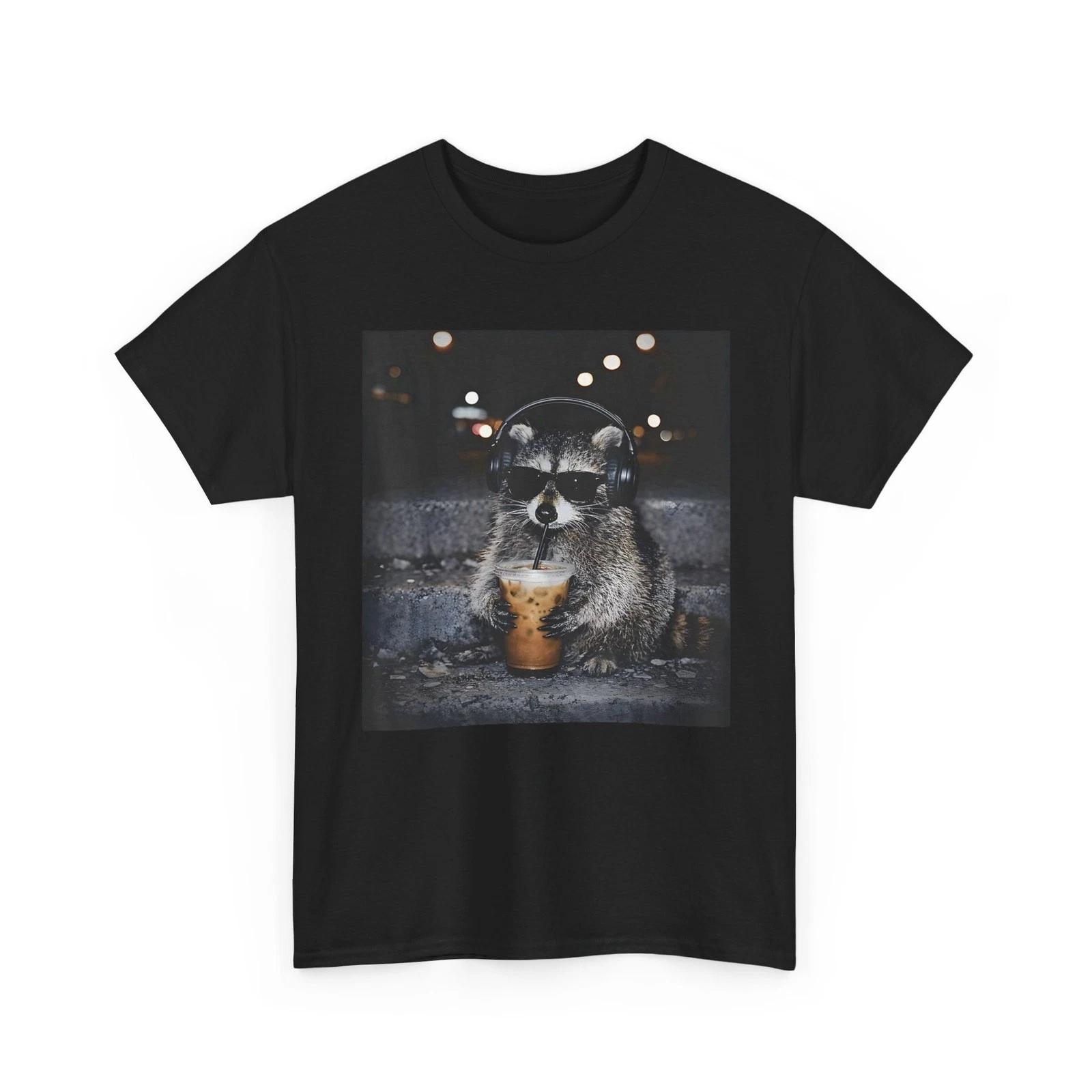 Raccoon Shirt, Raccoon Drinking Iced Coffee Funny Animal Meme Women Men T-Shirt S