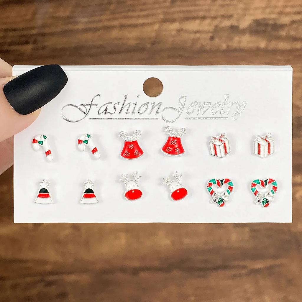 6 Pairs Christmas Earrings Set Selling Cartoon Dripping Oil Elk Santa Claus Christmas Tree Earrings for Women
