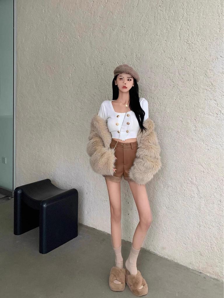 Women's Coffee Ruffled Winter Lamb Wool High-Waist Wide-Leg Retro Booty Shorts