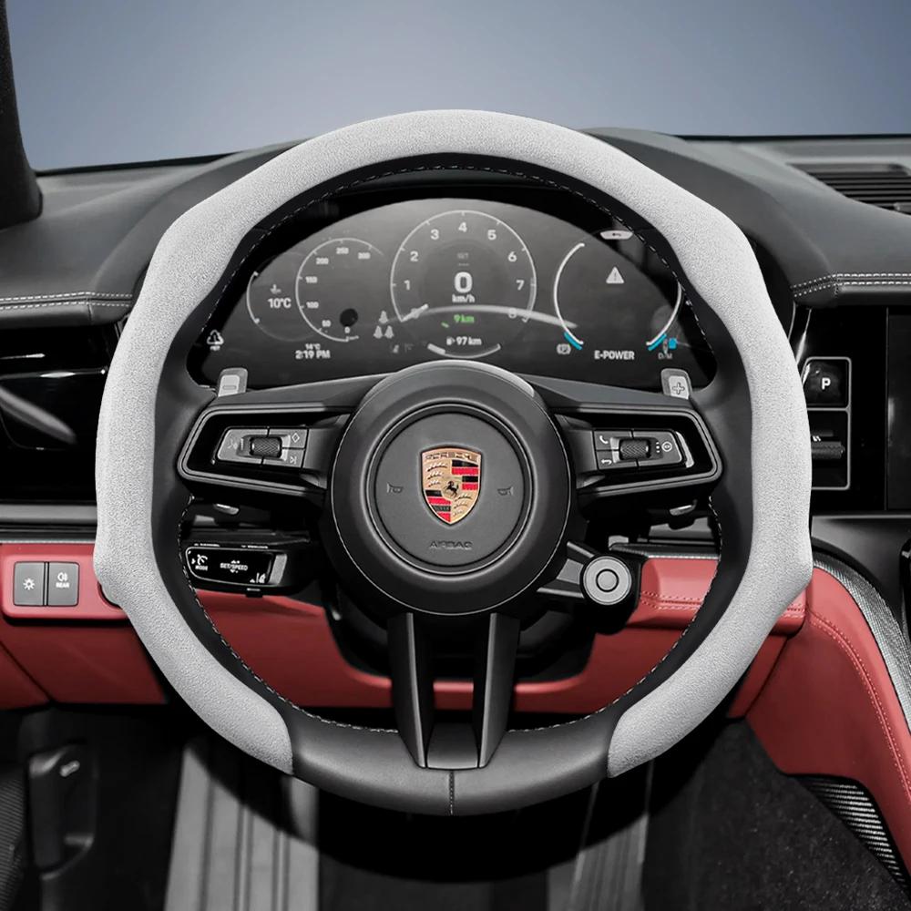 Suitable for Porsche Premium Suede Snap-On Steering Wheel Cover, Non-Slip Durable for Cayenne 996 Macan 957 Volante Boxster 986