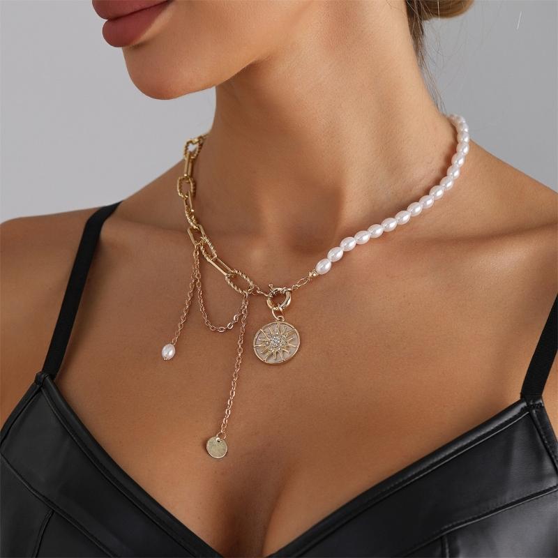 Retro Star Charm Adjustable Chain Necklace Featuring Mixed Materials Pearls Accents Trendy Layering Statement Pieces