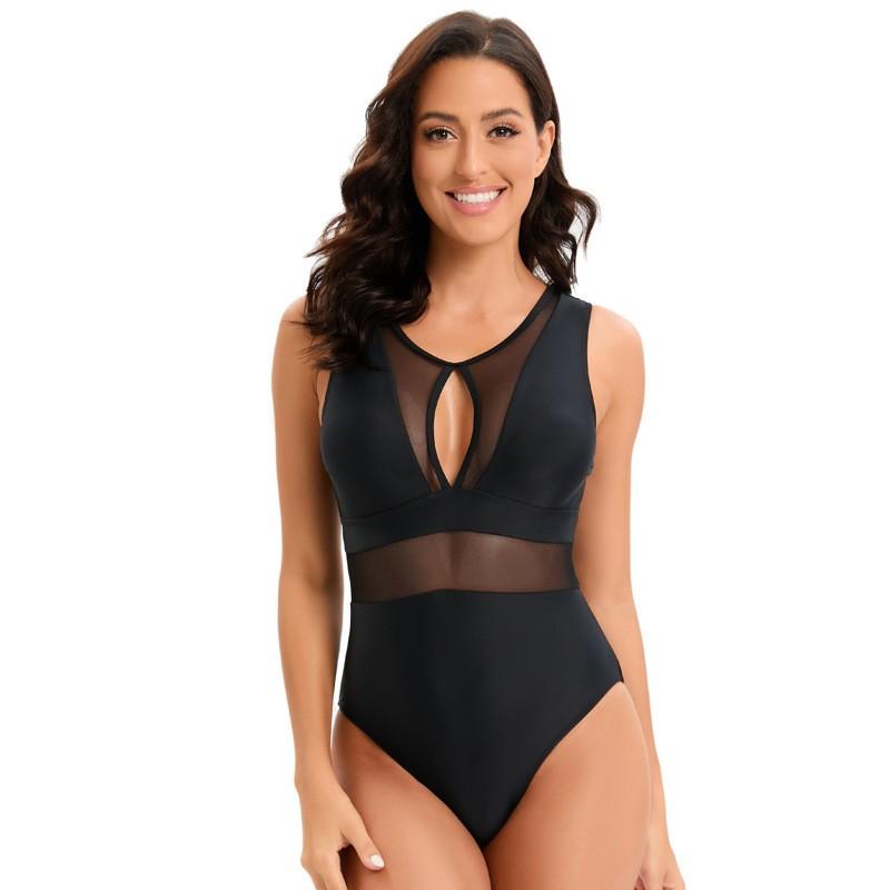 Womens One-Piece Swimsuit With Mesh Panel Solid Color Padded Bust Slimming Fit Swimming Beach Vacation