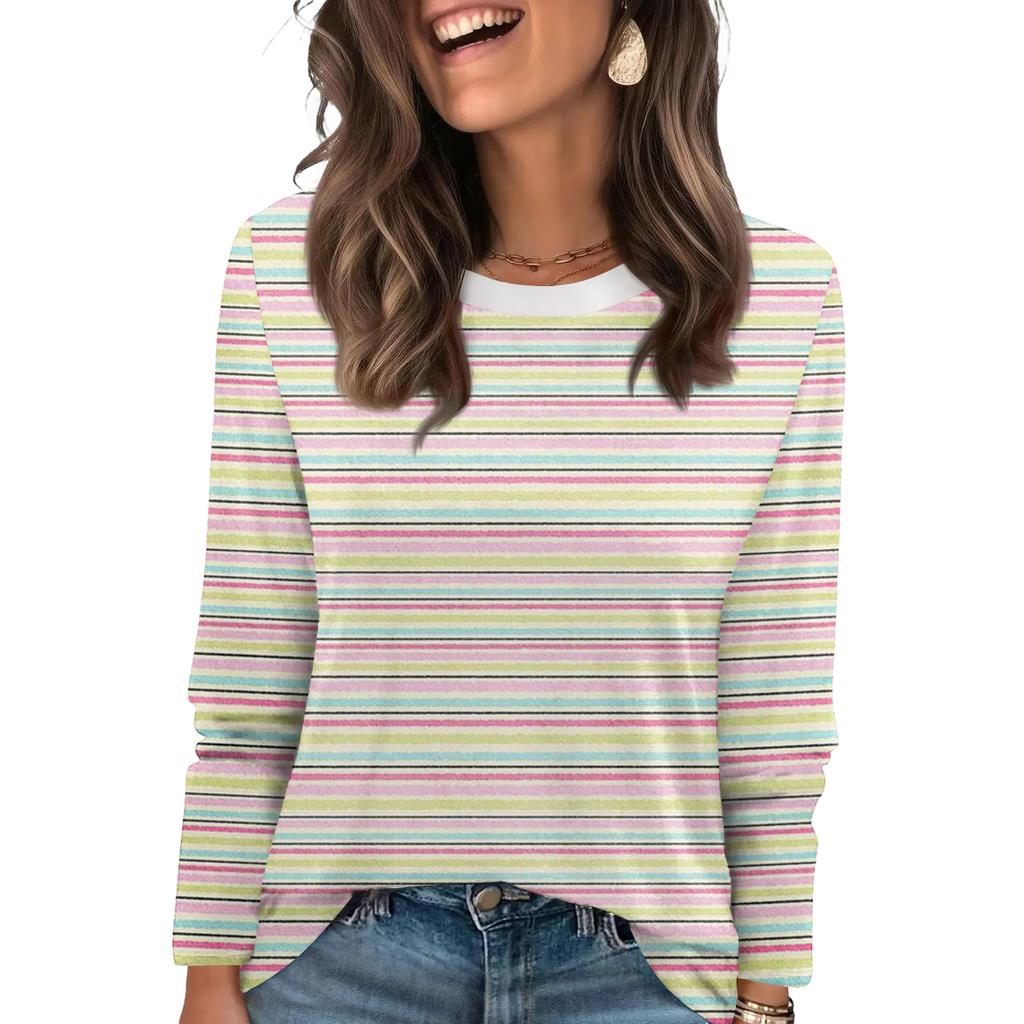 Damtopp med randigt tryck, moderiktig, avslappnad, rund halsringning, långa ärmar