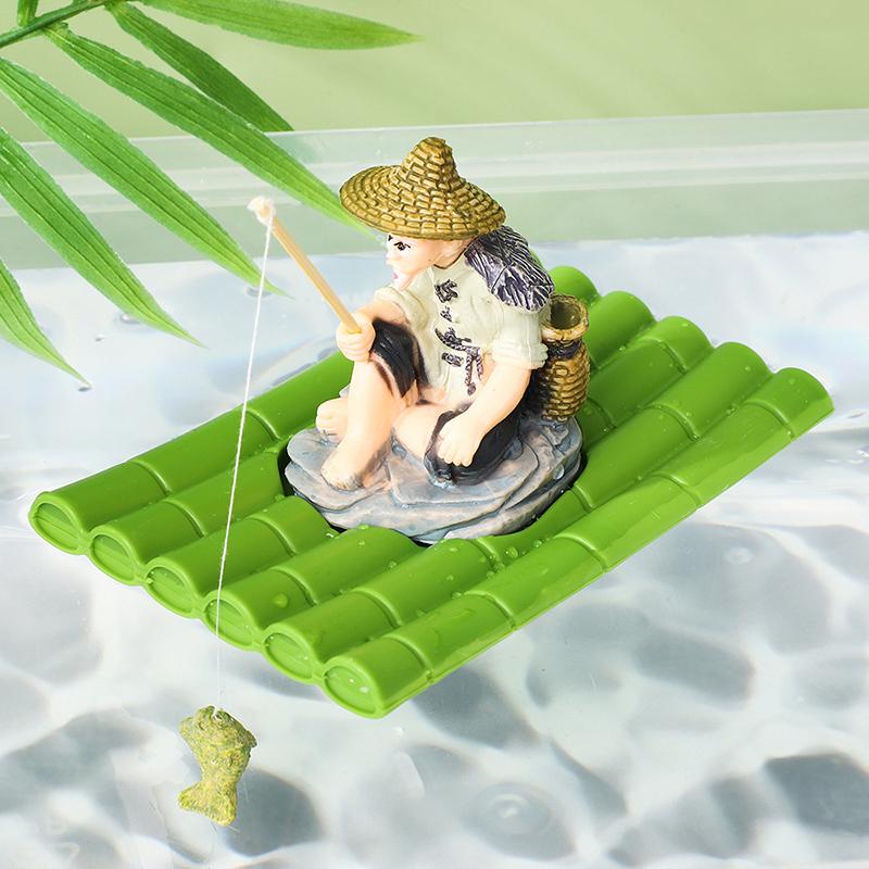 Floating Aquarium Decor Miniature Garden Decor Old Man Fishing Floating Raft Design Fish Tank Landscape Decoration