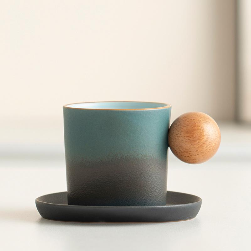 Gradual change ceramic coffee cup and saucer set creative wooden handle coarse pottery high value afternoon teacup retro latte cup