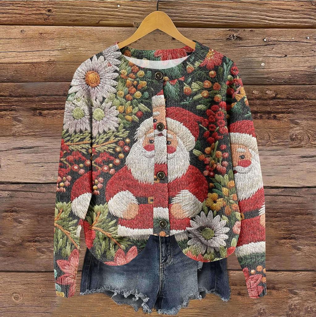 Women's Vintage Knit Button Christmas Print Cardigan Jacket