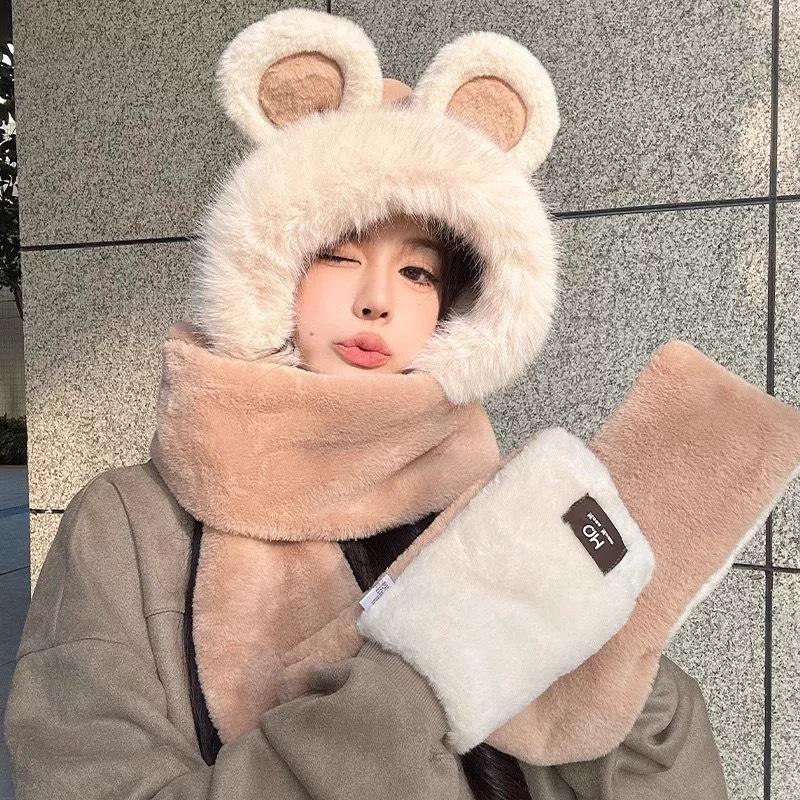 

Милый зимний комплект из плюшевой шапки, шарфа и перчаток с вышитым бантом для девочки Bow bear three-piece set хаки