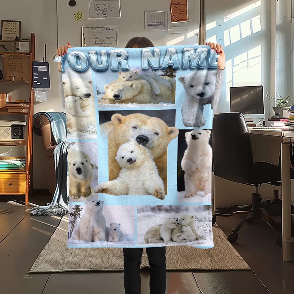 1PC Custom Name Polar Bears Winter Patterned Flannel Blanket Suitable For All Seasons for Home Decor Warmth and Comfort Gifts Holiday Present_lx