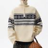 Pull Pullover Mi-Zip Unisexe Motif Flocon de Neige avec Col Montant en Laine d'Agneau