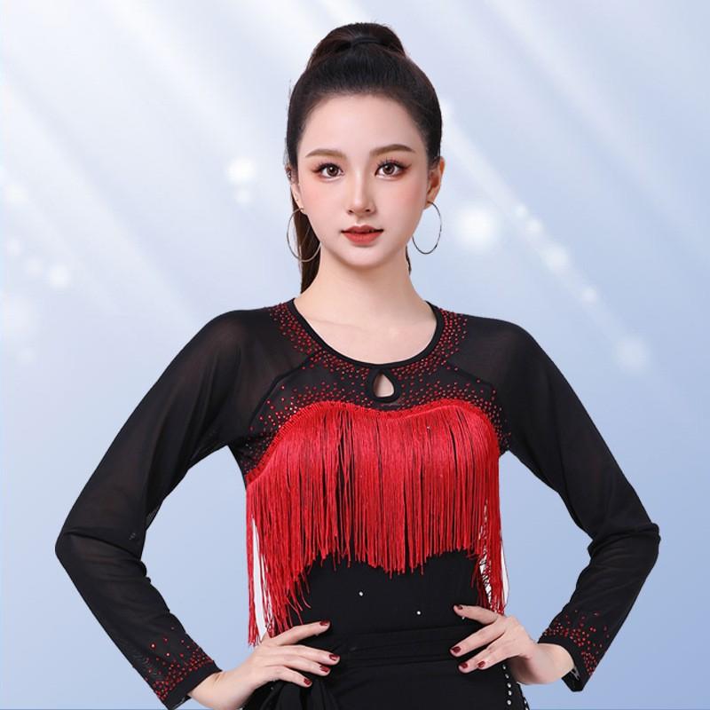 Womens Latin Dance Top With Fringe Rhinestone Embellishment Long Sleeve Modern Ballroom Costume